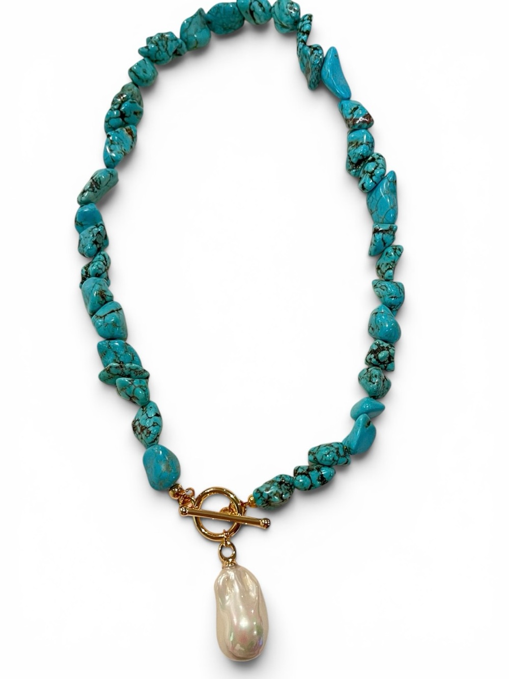 Turquoise Stone Necklace with Gold Toggle and Iridescent Pearl Pendant